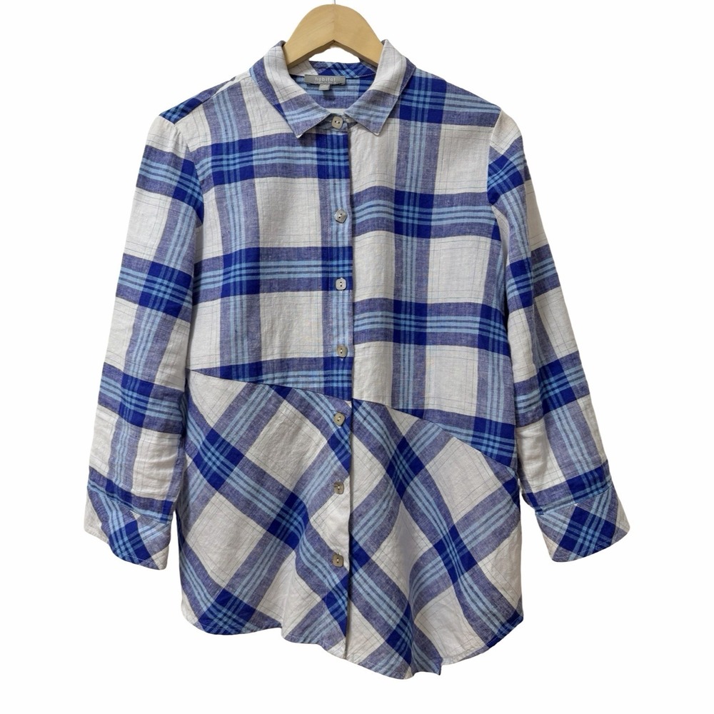 Habitat Womens Plaid Linen Button Up Shirt Size XS Blue Asymmetrical Hem Coastal